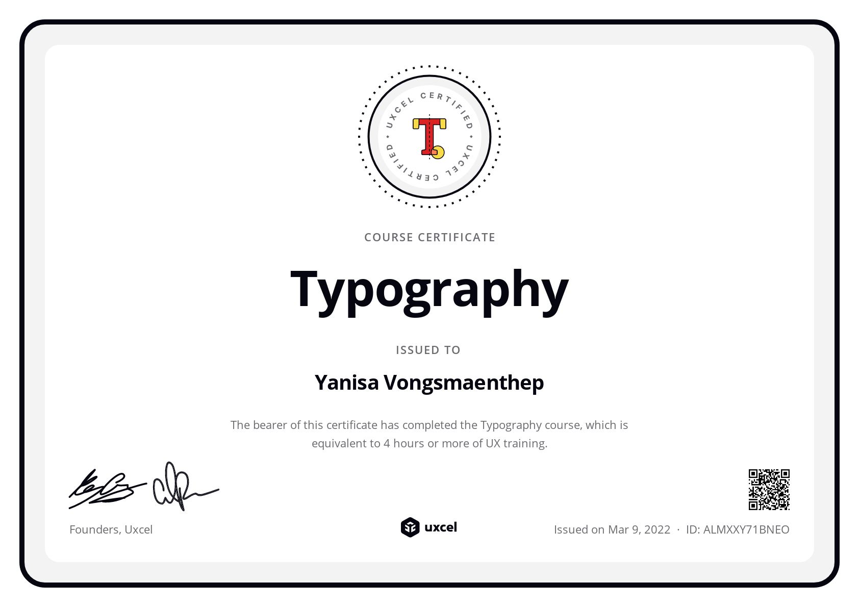 Yanisa Vongsmaenthep's certificate